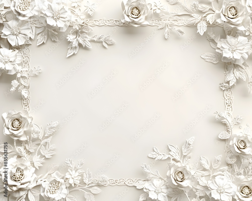 Intricate Lace Frame with Delicate Floral Motifs on White Background Intricate Lace Frame with Delicate Floral Motifs on White Background