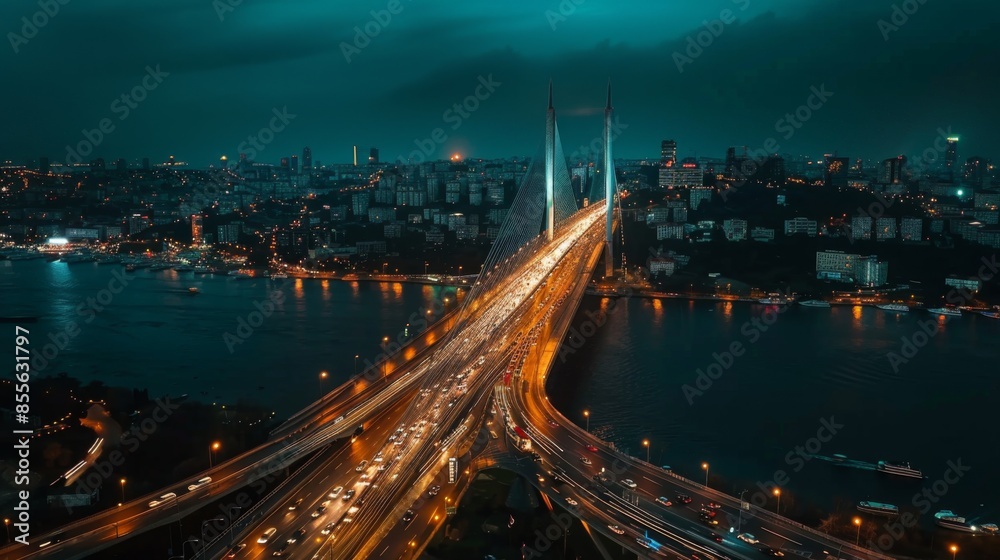A drone aerial view of a cable-stayed bridge at night, with traffic flowing and city lights twinkling A drone aerial view of a cable-stayed bridge at night, with traffic flowing and city lights twinkling