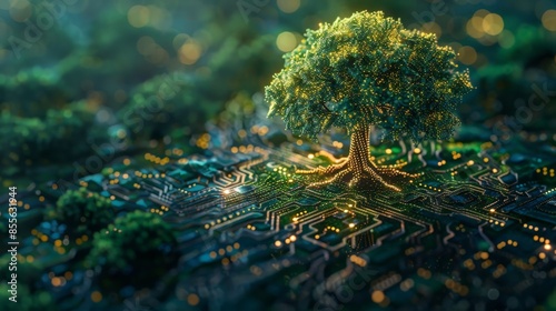 A stunning digital artwork depicting a tree integrated with circuitry and lights, symbolizing the fusion of nature and technology. photo