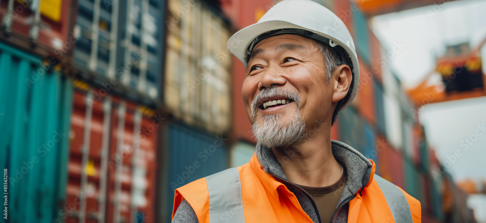 Chinese worker standing in front of stacked shipping containers. Container terminal - freight shipping background. International trade banner. Import export concept.