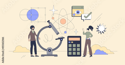 STEM learning kit for scientific education tiny person neubrutalism concept. Science, Technology, Engineering, and Mathematics combination for learning and interactive research vector illustration.