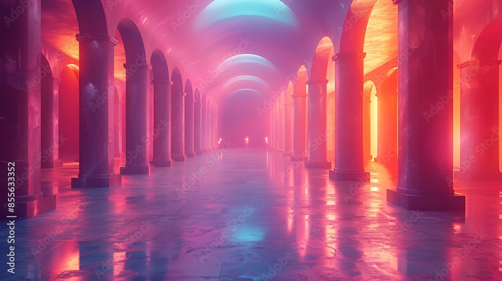 A vibrant depiction of an infinite mirror room effect with repeating infinity symbols, creating depth and space. The mirrored room reflects the symbols endlessly, enhancing the sense of infinite depth A vibrant depiction of an infinite mirror room effect with repeating infinity symbols, creating depth and space. The mirrored room reflects the symbols endlessly, enhancing the sense of infinite depth