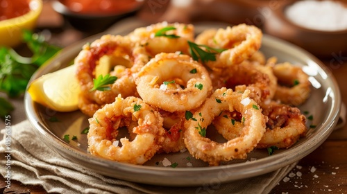 A tempting plate of crispy calamari rings served with marinara sauce and lemon wedges, Calamari plate centered © Graci