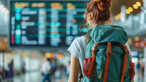 Frau am Flughafen mit Rucksack - Alleinreisende macht Weltreise