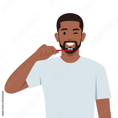 Smiling young man brushing teeth with toothbrush in morning. Flat vector illustration isolated on white background