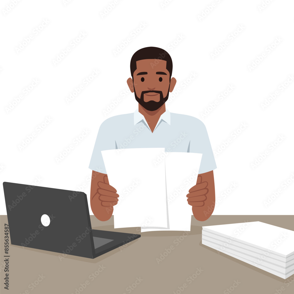 Young man looking through paper documents, satisfied with research. Flat vector illustration isolated on white background