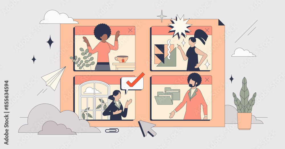Virtual collaboration and distant work tiny person neubrutalism concept. Employee talking on video call as effective method for business partnership and teamwork vector illustration. Online meeting. Virtual collaboration and distant work tiny person neubrutalism concept. Employee talking on video call as effective method for business partnership and teamwork vector illustration. Online meeting.