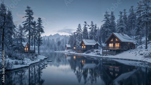 Night lights of a lake house in the mountains. Mountain lake house lights © Ruslan Gilmanshin