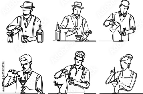 set of bartender mixes cocktails in line art style