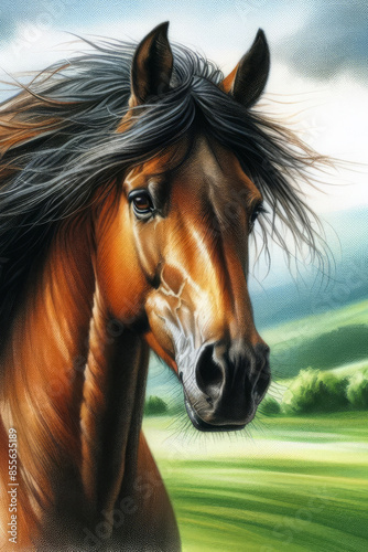 A horse with a long mane and a black nose is staring at the camera