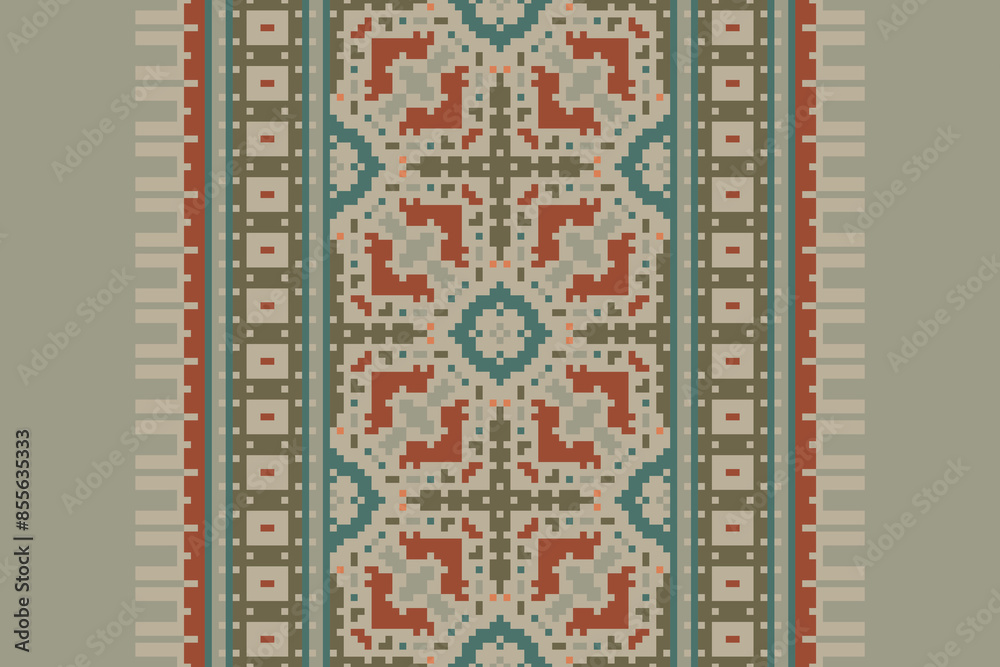 Traditional ethnic motifs ikat geometric fabric pattern cross stitch.Ikat embroidery Ethnic oriental Pixel navy blue background. Abstract,vector,illustration. Texture,scarf,decoration,wallpaper.