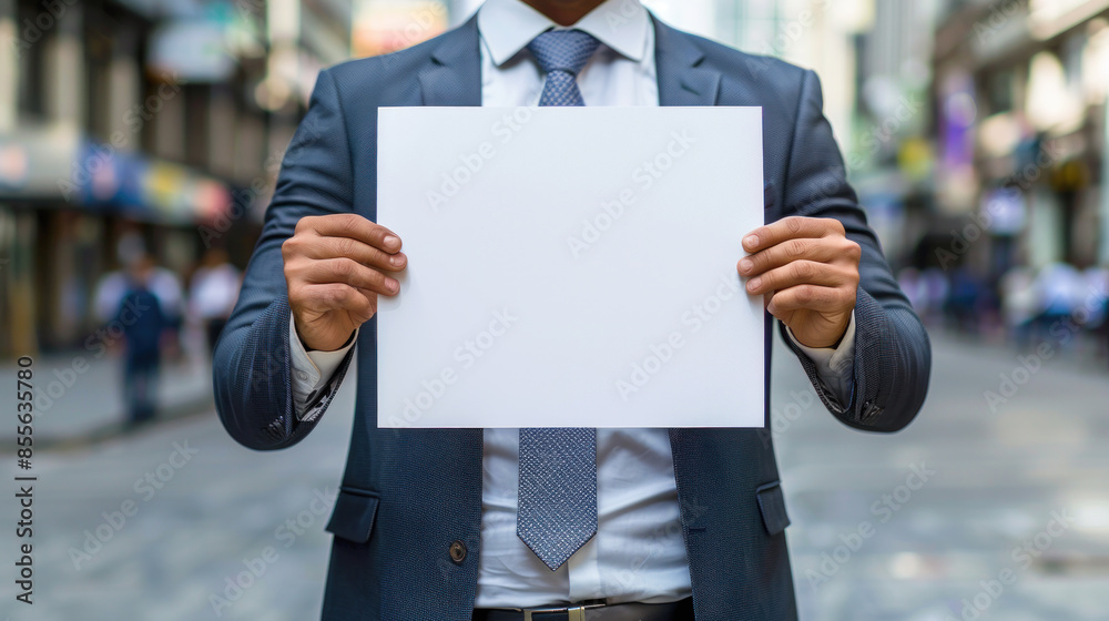 A man in a suit holding a blank piece of paper. Concept of professionalism and formality, as the man is dressed in a suit and tie. The blank paper suggests that he may be presenting a proposal, a plan A man in a suit holding a blank piece of paper. Concept of professionalism and formality, as the man is dressed in a suit and tie. The blank paper suggests that he may be presenting a proposal, a plan