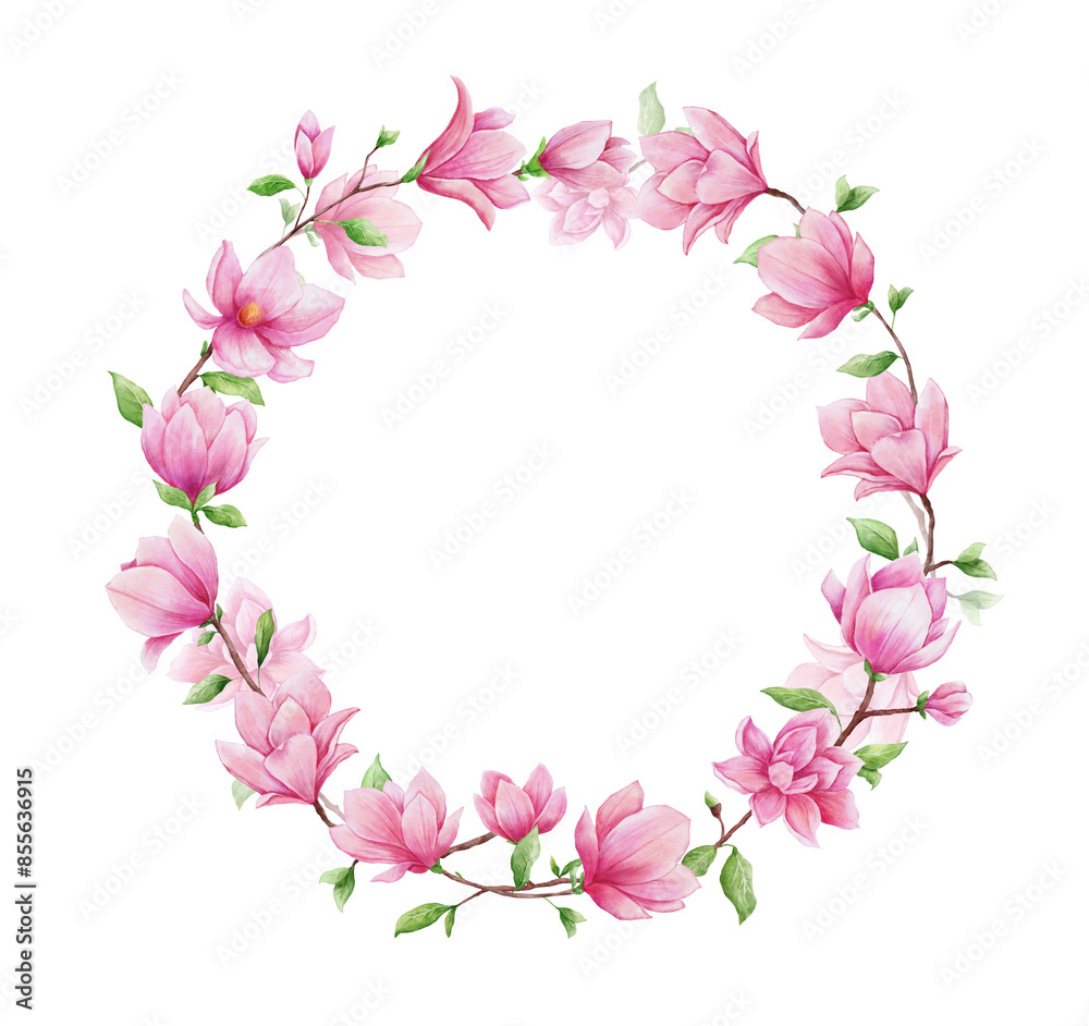 Flower Magnolia watercolor circle, round wreath. Hand painted frame with pink bud and leaves isolated. Floral design for card