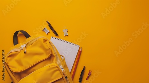 Back to school concept: flat lay of a backpack filled with school supplies including pens, pencils, and a notebook on a white background with copy space, top view. photo