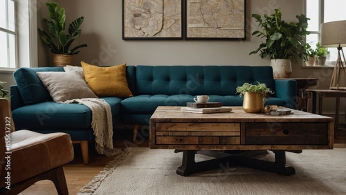 upcycled furniture in a stylish living room setting. Show a coffee table made from reclaimed wood, a lamp with a base made from repurposed materials, and decorative items create