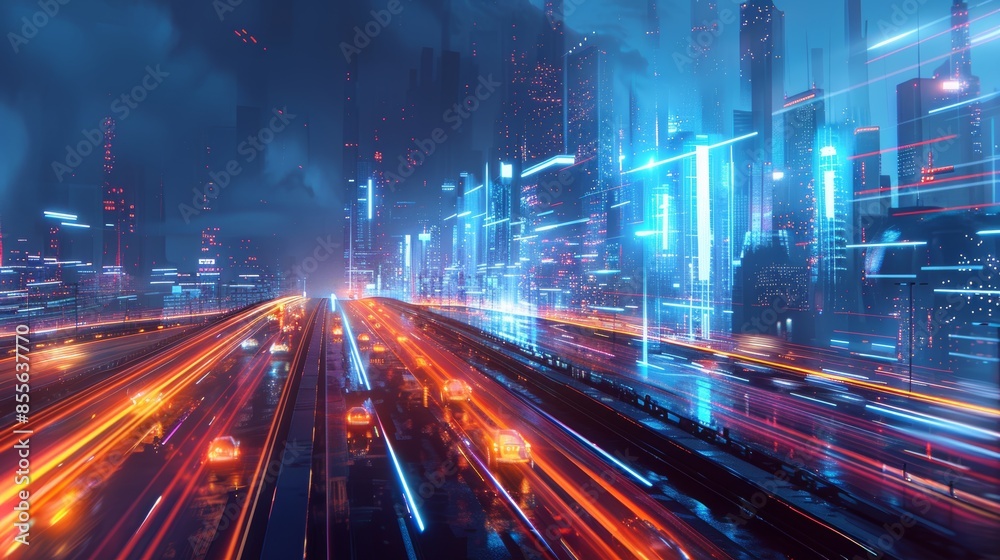 Obraz premium Dynamic night traffic on highway to futuristic city skyline with glowing lights and light trails