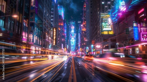Dynamic night scene futuristic city street with vibrant car light trails and towering skyline