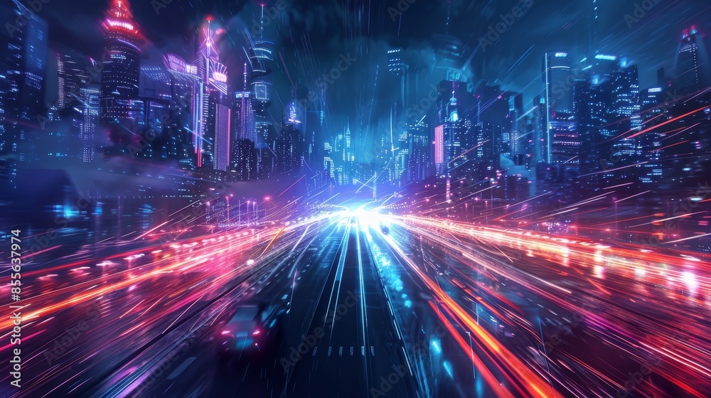 Fototapeta premium Vibrant cityscape fast traffic on lit highway, futuristic skyline aglow with energy