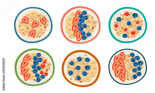 Oatmeal porridge with berries and milk icon set vector. Bowl of oatmeal with fruits illustration. Healthy cereal breakfast icons on a white background. Oat flakes breakfast design element collection