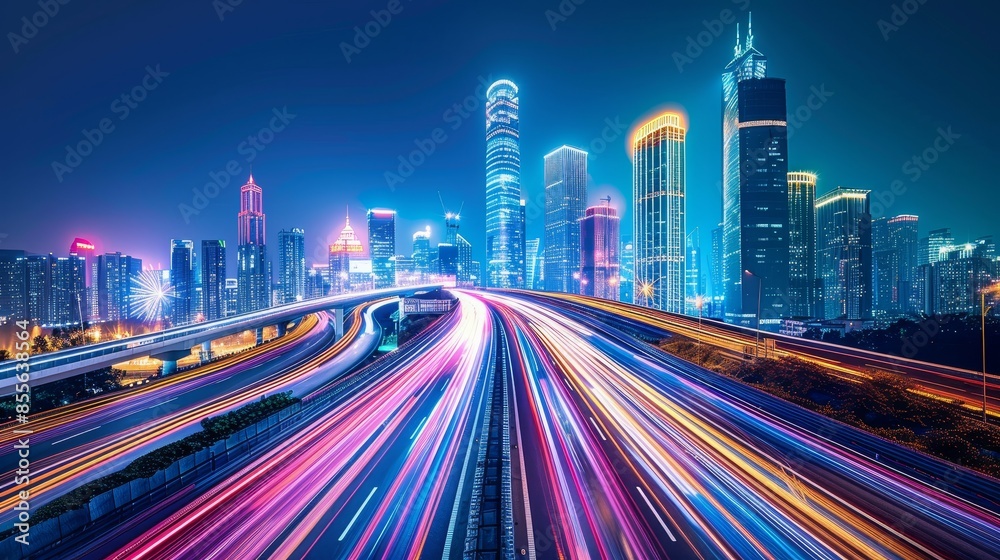Fototapeta premium Vibrant urban night high speed traffic on illuminated freeway towards futuristic cityscape