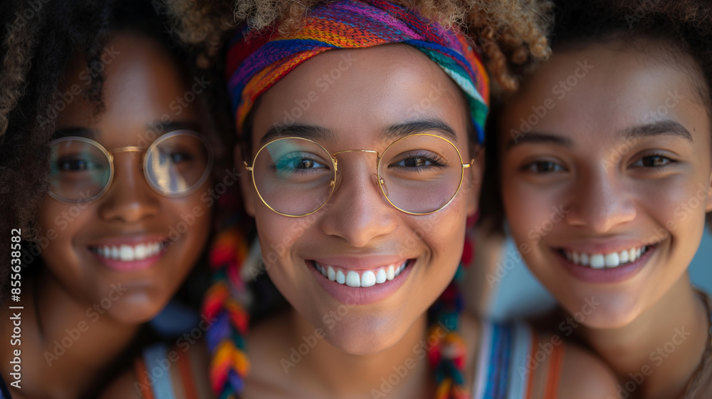 A photo of a group of friends wearing rainbow clothing and accessories, group shot, hd, with copy space