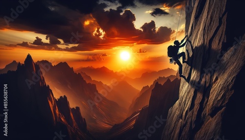 Wallpaper Mural climber scaling a sheer cliff face against a dramatic sunset backdrop. Torontodigital.ca