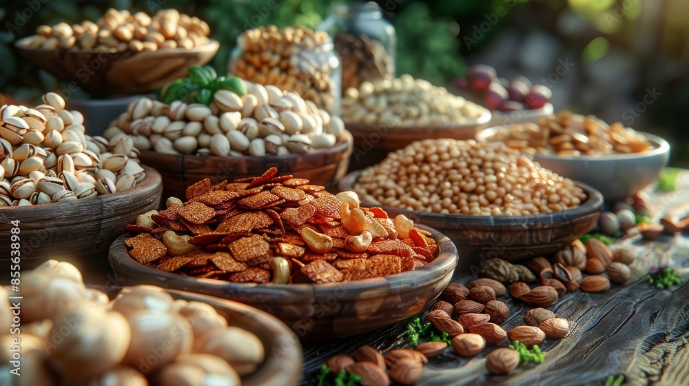 A variety of nuts and dried fruits beautifully arranged in wooden bowls on a rustic table in an outdoor setting. A variety of nuts and dried fruits beautifully arranged in wooden bowls on a rustic table in an outdoor setting.