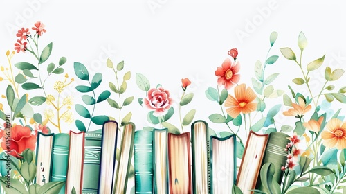 Fototapeta Naklejka Na Ścianę i Meble -  Colorful back to school watercolor card with books and flowers on white background
