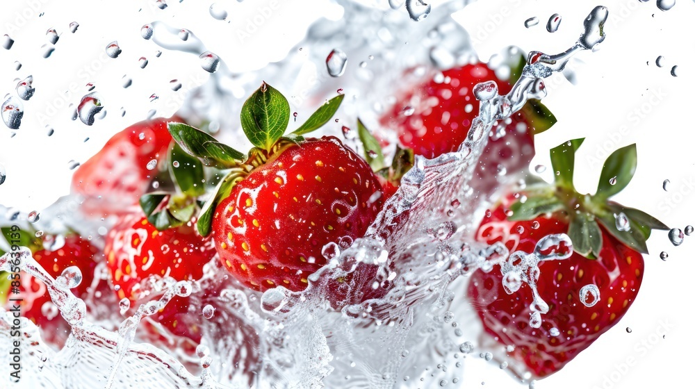 Water Splashing Around Ripe Red Strawberries Water Splashing Around Ripe Red Strawberries