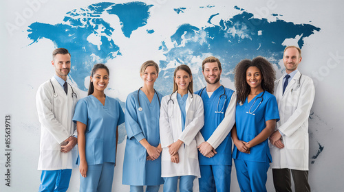 Global Healthcare Team: A diverse group of doctors and nurses stands united against a world map backdrop, symbolizing international cooperation and dedication in medicine