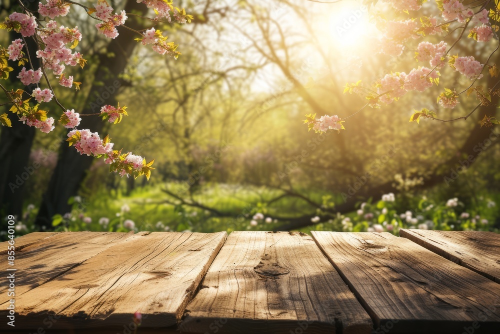 An empty wooden table in springtime in sunny rays.