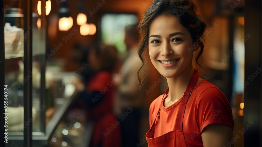 Radiant Woman at Storefront Welcoming Clients with a Cheerful Smile