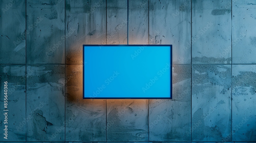 ภาพประกอบสต็อก Modern minimalist blue screen on concrete wall ...