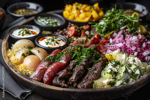 Global food sampler platter featuring iconic dishes from various nations Stock Photo with copy space