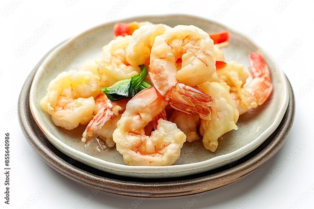 Japanese tempura shrimp and vegetables on a ceramic plate on a soft pink background Stock Photo with copy space Isolated on color background Japanese tempura shrimp and vegetables on a ceramic plate on a soft pink background Stock Photo with copy space Isolated on color background