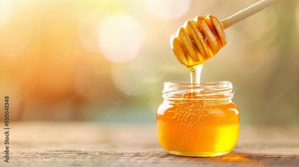 Honey stick pouring golden honey into a clear glass jar with blurred background and sunlight Honey stick pouring golden honey into a clear glass jar with blurred background and sunlight