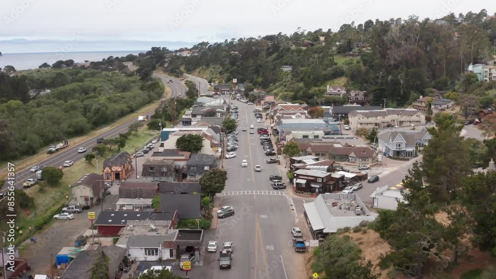 Aerial descending close-up shot of charming Cambria Village on the Central Coast of California. 4K Aerial descending close-up shot of charming Cambria Village on the Central Coast of California. 4K
