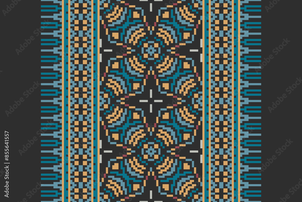Traditional ethnic motifs ikat geometric fabric pattern cross stitch.Ikat embroidery Ethnic oriental Pixel navy blue background. Abstract,vector,illustration. Texture,scarf,decoration,wallpaper.