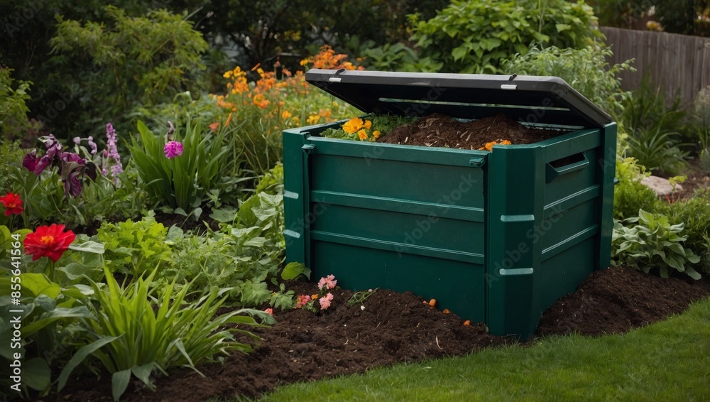 compost bin in a lush garden. Show the bin filled with composting materials like vegetable scraps, leaves, and grass clippings. Surround the bin with thriving plants and flowers, compost bin in a lush garden. Show the bin filled with composting materials like vegetable scraps, leaves, and grass clippings. Surround the bin with thriving plants and flowers,
