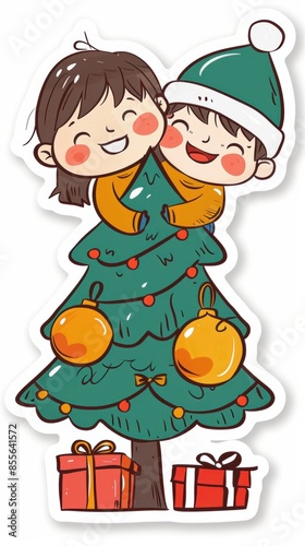 A boy and a girl hugging on top of a christmas tree
