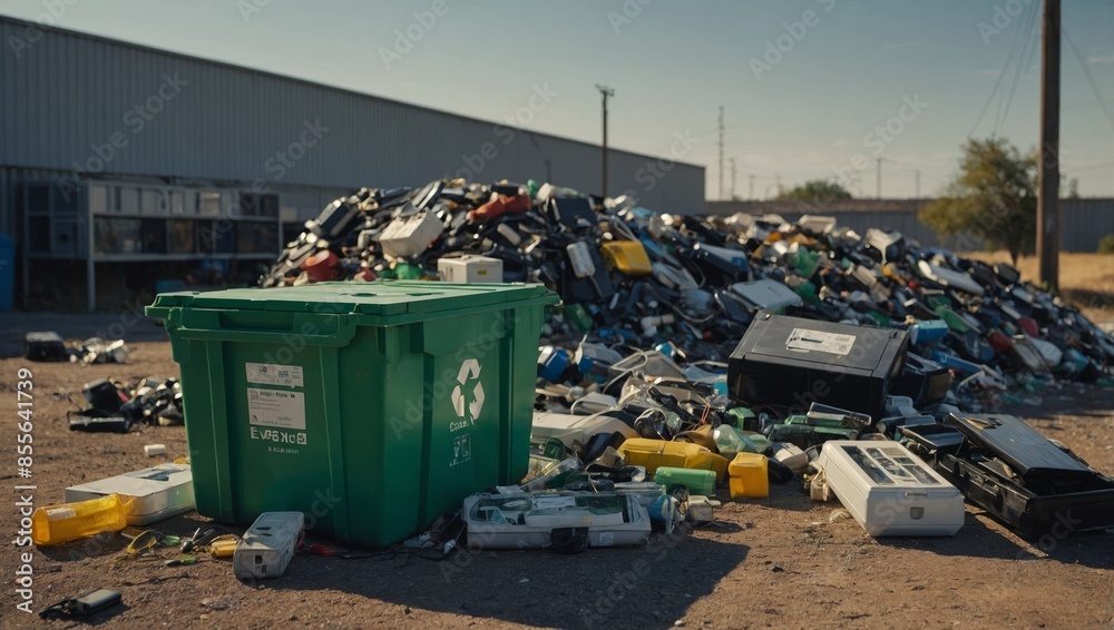 e-waste recycling station. Include containers for old electronics such as computers, smartphones, and batteries. The station should be well-organized and clearly labeled, set aga e-waste recycling station. Include containers for old electronics such as computers, smartphones, and batteries. The station should be well-organized and clearly labeled, set aga