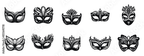 Masquerade masks collection vector black and white illustration. Ornate and detailed masks for carnival silhouette.