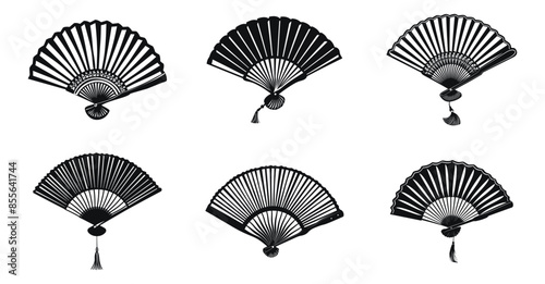 Hand fan collection vector black and white illustration. Traditional asian fans in various designs silhouette.