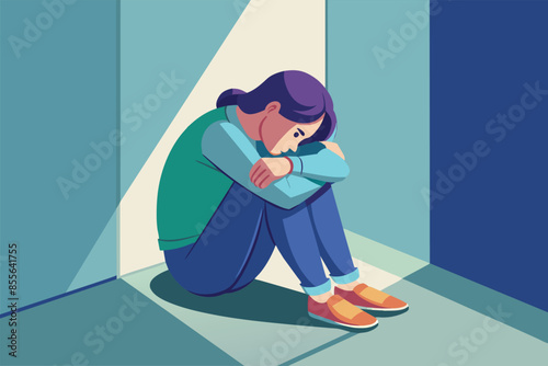 Lonely girl sitting in solitude, vector cartoon illustration. Young female character embracing her knees, conveying sense of sadness or depression.