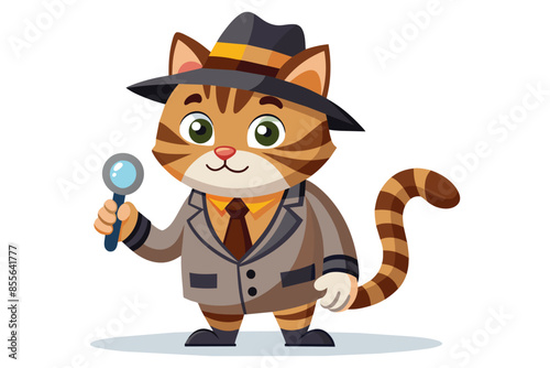 Detective cat with magnifying glass vector cartoon illustration. Feline sleuth ready to solve the mystery.