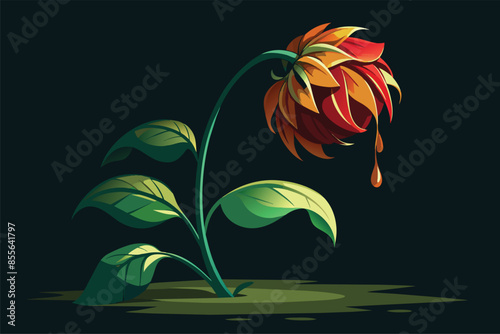 Wilting flower losing petals, vector cartoon illustration. Natural cycle of life with drooping flower shedding its petals.