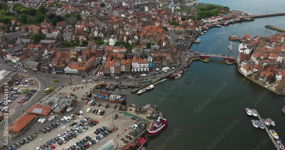 Riverfront Carpark And Wharf At Whitby Town In Yorkshire, Northern England, United Kingdom. Aerial Shot Riverfront Carpark And Wharf At Whitby Town In Yorkshire, Northern England, United Kingdom. Aerial Shot