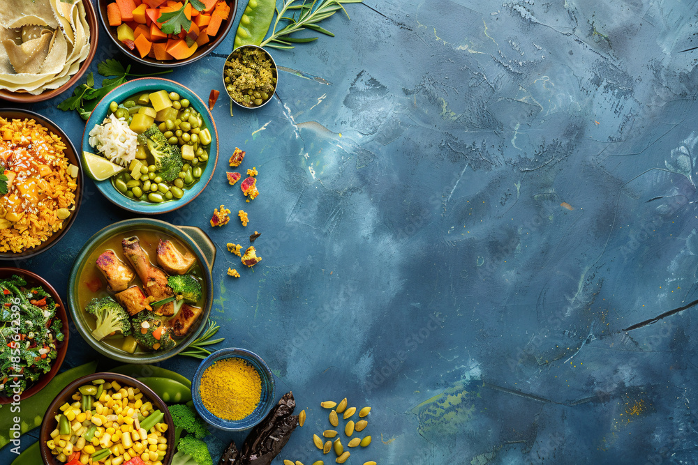 Traditional meals from around the world presented in an appetizing manner Stock Photo with copy space Traditional meals from around the world presented in an appetizing manner Stock Photo with copy space