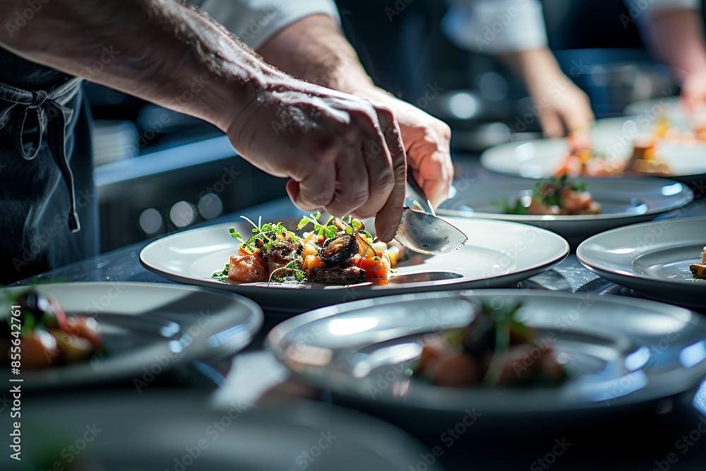 Photo of a chef's hands plating a dish in a restaurant kitchen, with a closeup on a hand holding a spoon near a plate, with a minimalist interior design concept and blurred background. Photo of a chef's hands plating a dish in a restaurant kitchen, with a closeup on a hand holding a spoon near a plate, with a minimalist interior design concept and blurred background.