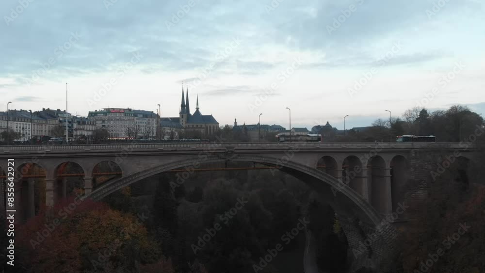 Aerial video of an urban scene over Luxembourg City, Luxembourg